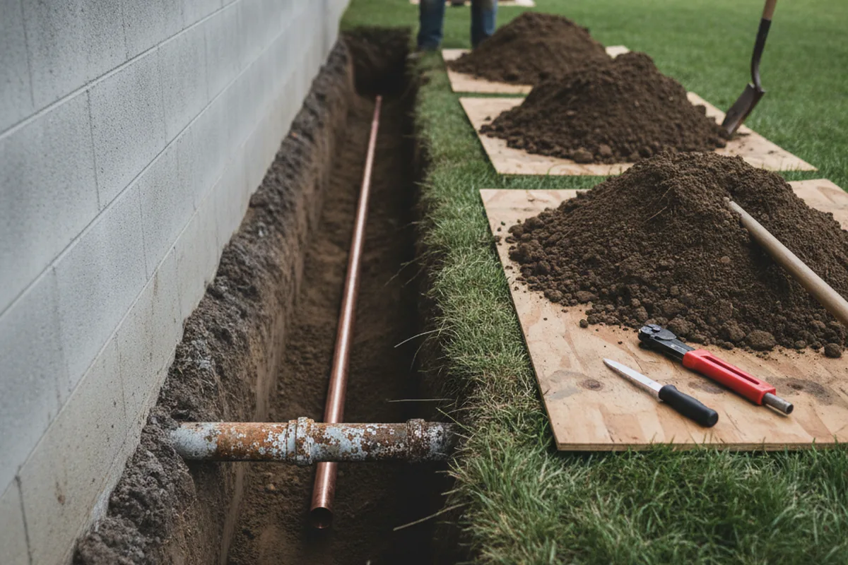 Excavated water line trench during Water Softener Installation in Sandisfield